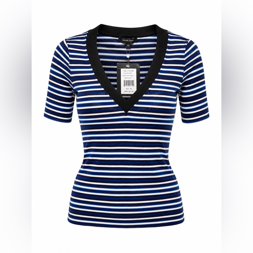 Nanette Lepore | Harbor Top Rib Knit Blue Striped Stretch Short Sleeve | XS NWT